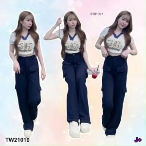 B21010  Set 2 ชิ้น เสื้อครอป + กางเกงขายาว Set of 2 pieces: crop top + long pants