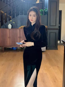 Váy Dài Cạp Cao Bằng Vải Nhung Lụa Đen Ôm Vừa Vặn Cho Tiệc Tùng Mùa Thu Đông Váy Dài Cạp Cao Có Chi Tiết Cắt Xẻ Bên Hông Váy Dự Tiệc