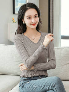 เสื้อสเวตเตอร์คอวีแขนยาวทรงสลิมฟิตสำหรับผู้หญิงในฤดูใบไม้ผลิและฤดูใบไม้ร่วง เสื้อชั้นในแบบสวมหัว แขนยาว ทรงเข้ารูป หนา อบอุ่น