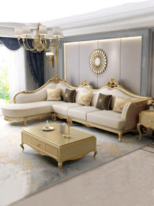 American Leather Sofa Corner Combination Living Room Villa Simple European Luxury First Layer Cowhide Solid Wood Carved Sofa