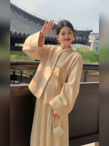 Plus Size Ladies New Chinese Style Light National Style Fancy Buckle Woolen Outwear Womens Fall and Winter Gentle High Waist Skirt Two-piece Set