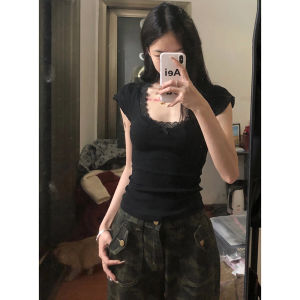American-Style Black Lace Bows Square Collar Shoulder Short Sleeve T-Shirt Womens Summer Short Tight Stylish Niche Top