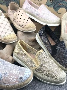 J&M Happy Mary Womens Flat Shoes Spring Summer Lace Hollow out Canvas Fashionable Slip-On Sweet Style round Toe Rubber Sole