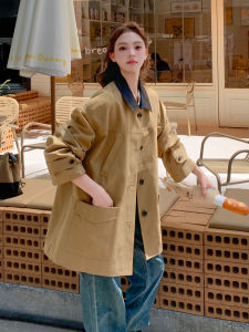 Khaki Beige Korean Retro Patchwork Leather Casual Style Womens Long Coat Autumn New Arrival Workwear Jacket Loose Fit Long Sleeve