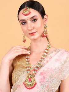 Reesha Jewel - Gold Plated Pan Long Necklace (Green Pink Maroon)