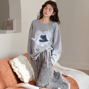 MiiOW | Pure Cotton Cat Person Sleepwear Long Sleeve Autumn Winter Home Clothes For Women Cute Printed Design Comfortable Breathable