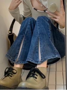 Spring & Fall New Arrival K-style Retro Blue Denim Womens Split Slimming Easiest for Match Cropped Pants Small Elastic Bootcut Trousers