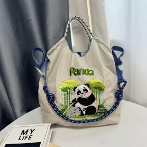 Cute Embroidered Panda Ball Chain Canvas Tote Bag Shoulder Crossbody Shopping Commuting Bag Soft Nylon Fabric Large Capacity