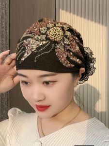 Fashionable Knitted Sunflower Soft Beaded Wrap Hat Lace Flower Mom Cap Autumn Winter New Style Casual round Top No Brim Polyester Fiber