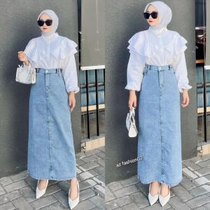 Rebecca - Rok Jeans Span Kancing Samping Wanita Denim Rok Theana Rok Panjang Denim