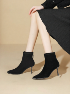 Josiny | Black Pointed Toe High Heels Spring Short Boots Elegant Slimming Womens Shoes