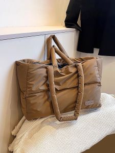 Elegant Womens Winter Commuter down Tote Bag Large Capacity Handbag Cotton Jacket Bag Double Strap Soft Nylon Shoulder Bag
