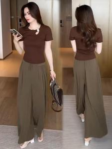 Fashionable Womens Summer 2025 Short Sleeve round Neck Two-Piece Set Wide Leg Pants Ensemble Stylish Compact Design Trendy
