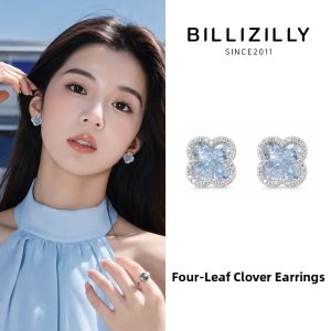 BILLI ZILLY | 925 Silver Four Leaf Clover Design Small Niche Luxury 2026 Popular New Light Blue Ear Studs