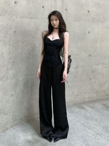 Quần Ống Rộng Bằng Lụa Băng Đen Dài 180cm Cho Nữ Mùa Hè Có Dây Rút Quần Thường Ngày Ôm Sát Dáng Rộng Cao Cấp Giản Dị