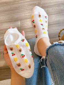 ฤดูร้อน บาง ผ้าฝ้าย ถุงเท้าเรือ Glalalane ดอกไม้หมีกระต่าย ดีไซน์ ที่มองไม่เห็นตัดถุงน่องสุทธิสําหรับผู้หญิง Home Comfort ถุงเท้า