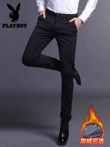 Playboy Mens Casual Pants Elastic Slim Fit Fleece Lined Thick Korean Style Business West Pants Autumn Winter Small Foot