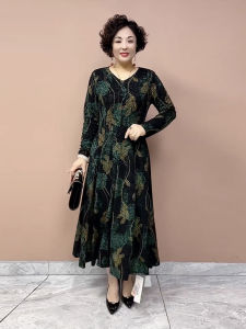 Elegant Mommy Dress Mid-Length Embroidered Elastic High Waist Slimming Spring Autumn New Style Ladies Fashion Long Sleeve V-Neck A-Line Dress