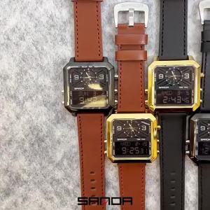 SANDA Business Sports Square Dual Display Mens Quartz Watch Waterproof LED Analog Digital Countdown Electronic Male Wristwatch