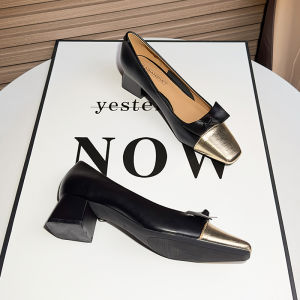 Elegant Color Block Slip-On Work Shoes Womens High Heels Square Head Comfortable Standing All Day New 2025 Black Professional