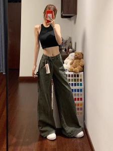 American Retro Military Green Workwear Knife Edge Jeans Womens High Waist Design Sensation Straight Leg Floor Length Pants