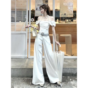 Quần Jeans Ống Rộng Cạp Cao Màu Trắng Cỡ Lớn Cho Nữ Mùa Hè Quần Dài Dài Đến Sàn Ôm Dáng Rộng Quần Jeans Denim Thường Ngày