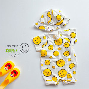 Baby clothes for 0-2 years old boys and girls onesie with all-over smiley face print breathable and soft plus a hat.
