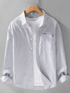 Áo Sơ Mi Nam Mùa Xuân Hè Phong Cách Nhật Bản Sọc Dọc Thêu Cotton Nguyên Chất Rộng Rãi Thường Ngày Oxford Weave