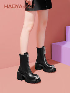 Original round Toe Motorcycle Boots Womens Short Boot Front Zipper Thick Bottom Guidi Cool High Heel Genuine Leather Boots