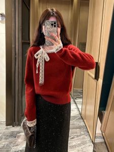 Korean Style Red Lace Tie Splice Oversized Knitted Sweater Womens Autumn Winter Lazy Fashion Outerwear Soft Cozy Top