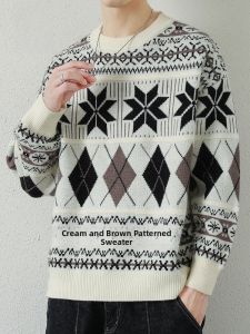 ROMON | Loose Fit Mens Knitted Sweater Round Neck Pullover Base Layer Shirt Casual Style Geometric Pattern Long Sleeve Autumn Fashion