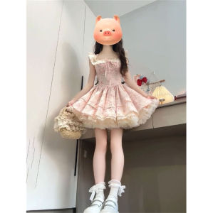 Korean Style College Girls Short Princess Skirt Summer Small Size Square Collar Waist Cinched Dress Floral Print A-Line Dress