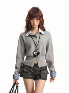 EVPGB | Americana Style Grey Knit Womens Polo Collar Faux Layer Sweater