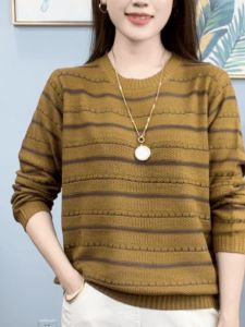 Retro Stylish Long Sleeve round Neck T-Shirt Womens Autumn New Loose Base Shirt Overhead Knitted Wear Comfortable Slimming