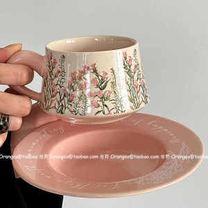 Pink Bellflower Ceramic Coffee Cup Set Orange Oil Painting Afternoon Tea Small Niche Original Gift Nordic Style Country Theme
