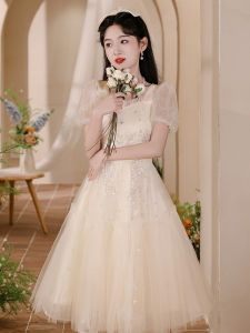 ชุดราตรีสีแชมเปญหรูหราสำหรับผู้หญิง ชุดเจ้าหญิงทรงเอ ชุดราตรี เดรสยาว ชุดงานวันเกิด ชุดเดรสผู้หญิง ชุดราตรี