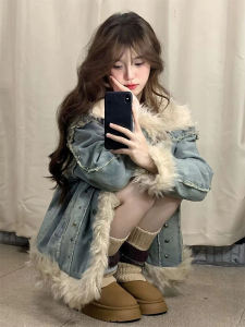 Denim Thick Outwear Womens Winter Fleece-lined plus Idle Style Loose Retro Lamb Wool Short Small Warm-Keeping Cotton Clothing