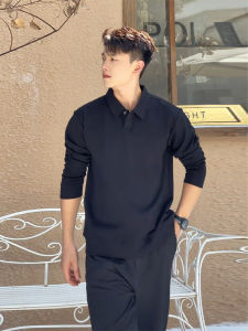 Pure Black Heavyweight Polo Neck Sweatshirt Mens Autumn Winter Long Sleeve Bottoming Shirt Mature Stable Mens Long Sleeve T-Shirt