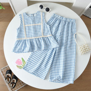 Bear Leader Baby Girls Clothing Sets Summer Blue Plaid Lace Sleeveless Tops and Wideleg Pants for Kids Outfits 3 to 7 Years Girls Fashion Clothes Korean Suits
