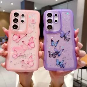 Glitter Sequins Wavy Butterfly Case For Samsung S26 S25 S24 S23 S22 S21 Ultra Plus FE A55 A56 A15 A35 A25 A17 A16 A34 A06 Cover