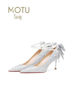 รองเท้าแต่งงานสีเงิน Crystal Bride สำหรับผู้หญิง รองเท้าแต่งงานส้นสูงแบบสวมหัวแหลม ทรงหวาน สายรัดคู่ สำหรับงานแต่งงานและงานเลี้ยงอาหารค่ำ