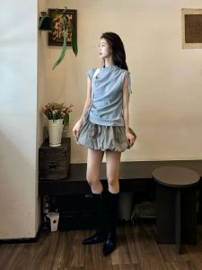 Fashionable Striped Drawstring Womens Summer Outfit Sleeveless Bouffant Skirt Two-Piece Set Polyester Fiber Stand Collar