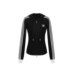 A chock | Slim Striped Hoodie Zipper Coat Women Autumn Spring Wear