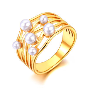 Lokaer Stainless Steel Trendy Simulated Pearl Ring For Women Gold Plated Wedding Engagement Waterproof Jewelry anillos R23086