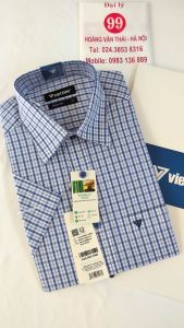 [Việt Tiến] Áo Sơ Mi Ngắn Tay - Regular (Suông) - Vạt Vuông - Kẻ ô xanh