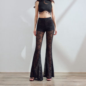 กางเกงขายาวทรงหลวมเอวสูงพิมพ์ลายตัวอักษรสีดำ ผ้าตาข่ายฟองน้ำระบายอากาศได้ดี กางเกงขายาวทรงหลวมสำหรับผู้หญิง