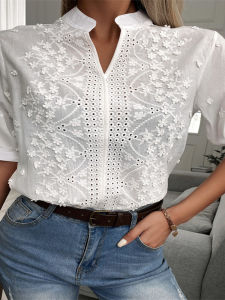 Áo Sơ Mi Ren Thêu Cổ Chữ V Màu Trơn Thoáng Khí Áo Sơ Mi Nữ Dáng Rộng Tay Dài Mùa Hè 2025