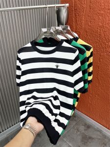 SVIP Luxury Storage Cabinet 6K + Bee Embroider! Summer Fashion Round Neck Cool Breathable Knitting Stripes Short Sleeve T-shirt for Men