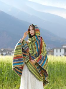 Ethnic Style Wrap Scarf Womens Outerwear Coat Lightweight Warm Travel Fashion Striped Scarf Shoulder to Elbow Length