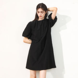 Miccbeirn | Silk Cotton Simple Design Commute Dress Elegant A-Line Midi Skirt Short Sleeve Round Neck Casual Style For Ladies In Summer